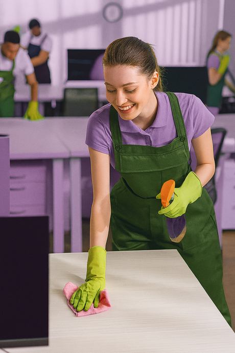 Smiling female cleaning staff wiping an office desk with spray bottle while team works in the background
